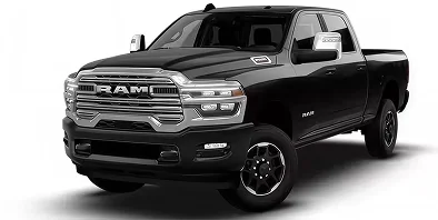 Black RAM 2500 Laramie 4x4 crew cab with chrome grille, front three-quarter studio view