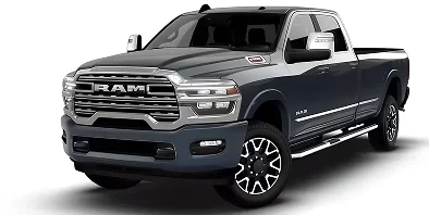 Dark navy RAM 2500 Limited 4x2 crew cab with chrome grille and running boards, front three-quarter studio view
