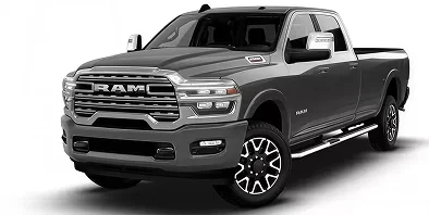 Gray RAM 2500 Limited Longhorn 4x4 crew cab with chrome grille and running boards, front three-quarter studio view