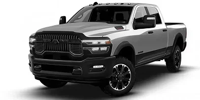 Silver RAM 2500 Rebel 4x4 crew cab with black grille and wheels, front three-quarter studio view