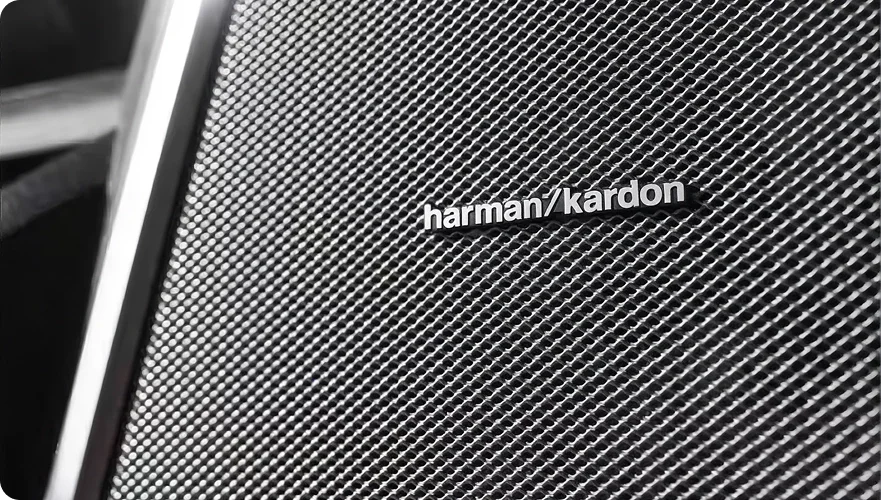 Close-up of a Harman Kardon door speaker grille in the leather-trimmed RAM 3500 cabin