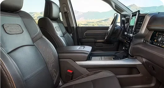 RAM 3500 Limited Longhorn interior with bison brown leather seats and filigree stitching