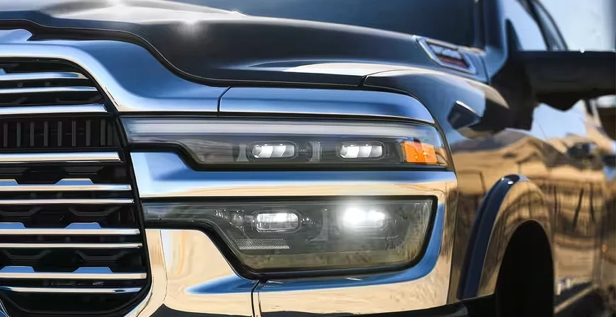 Close-up of the chrome grille and LED headlamp of a dark RAM 3500