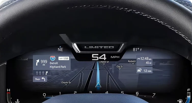 RAM digital cluster showing turn-by-turn navigation with a highlighted route at 54 mph