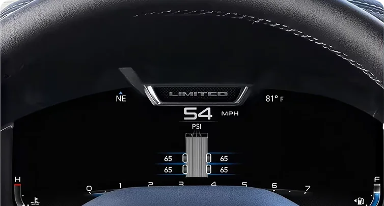 RAM digital cluster showing trailer tire pressure readings for four tires at 65 psi