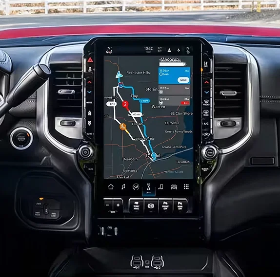 RAM vertical touchscreen showing full-colour navigation with a highlighted route and turn list