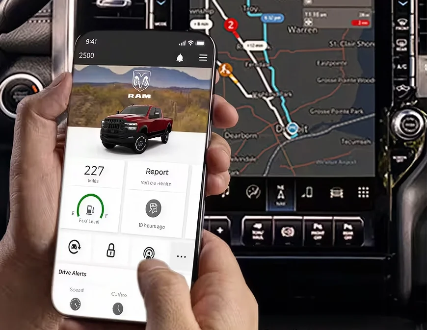 Hands holding a phone with the Ram app open in front of the truck touchscreen showing a route