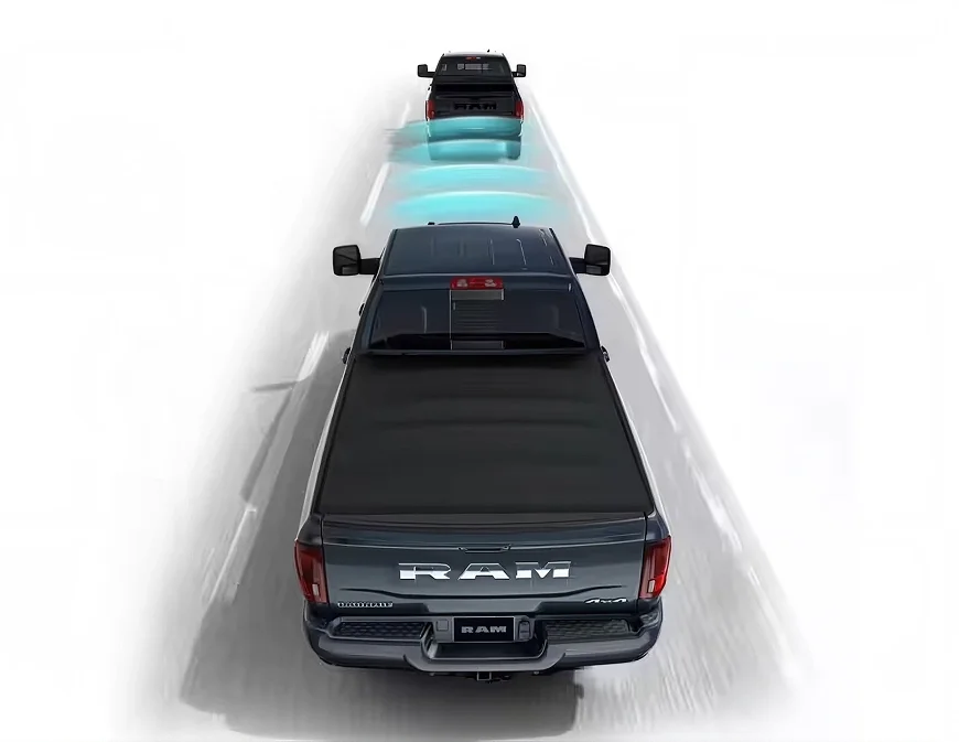 Illustration of a RAM 3500 holding a set following distance behind another vehicle, shown in blue