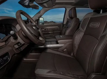 RAM 3500 Longhorn front seats and steering wheel in dark leather with Longhorn badging
