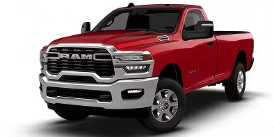 Red RAM 3500 Big Horn 4x4 regular cab with chrome grille, front three-quarter studio view