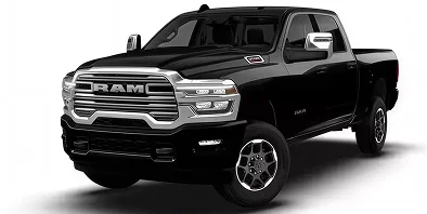 Black RAM 3500 Laramie 4x4 crew cab with chrome grille, front three-quarter studio view