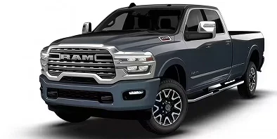 Blue-gray RAM 3500 Limited 4x4 crew cab with chrome grille and running boards, front three-quarter studio view