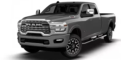 Gray RAM 3500 Limited Longhorn 4x4 crew cab with chrome grille and running boards, front three-quarter studio view