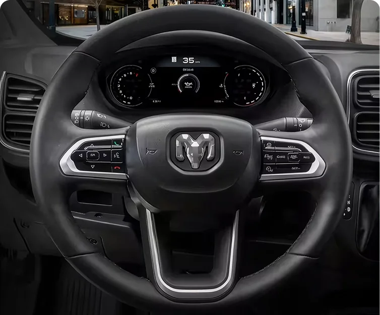 RAM steering wheel and instrument cluster displaying a recognized speed limit sign