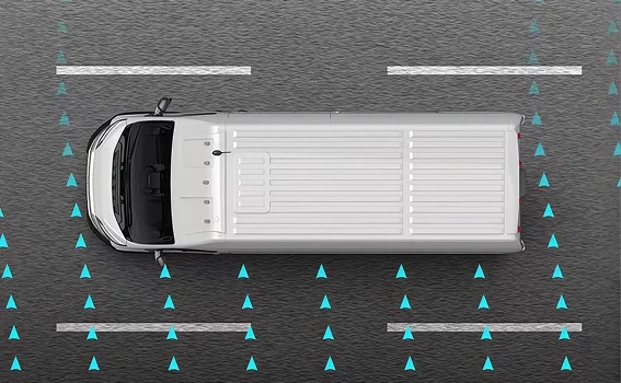 Aerial view of a white RAM ProMaster van on a road with wind gust graphics overlaid