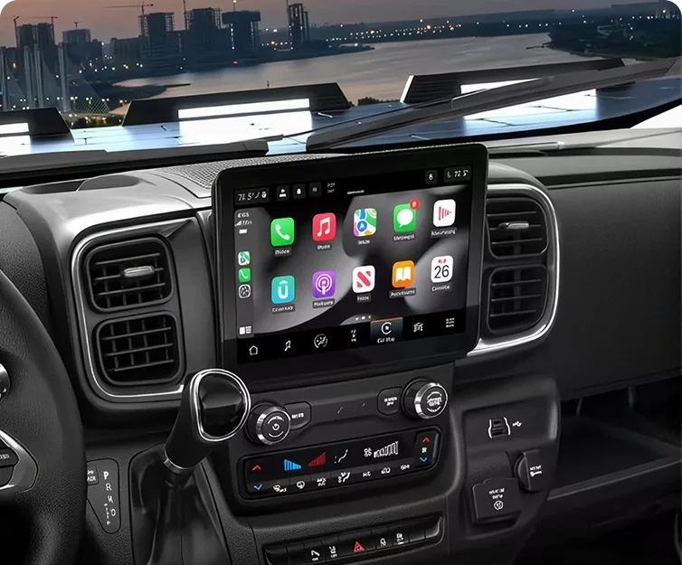 RAM touchscreen running wireless Apple CarPlay with a grid of app icons
