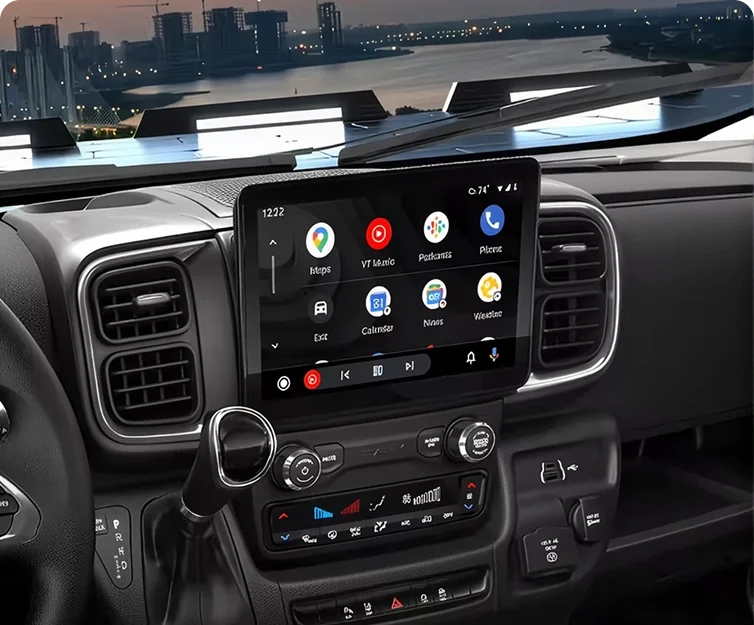 RAM touchscreen running wireless Android Auto with a grid of app icons