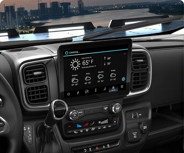 RAM touchscreen displaying the Alexa built-in weather and calendar interface