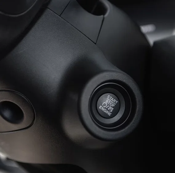 Close-up of the push-button start ignition on a RAM ProMaster steering column