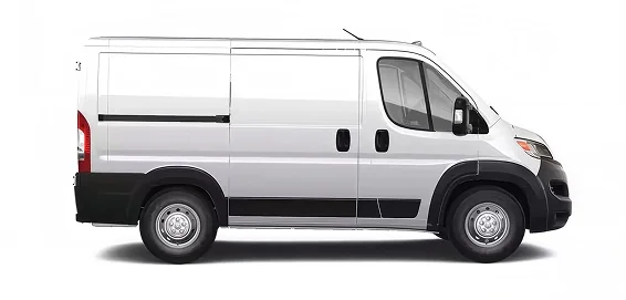 White RAM ProMaster cargo van with a standard roof shown in profile