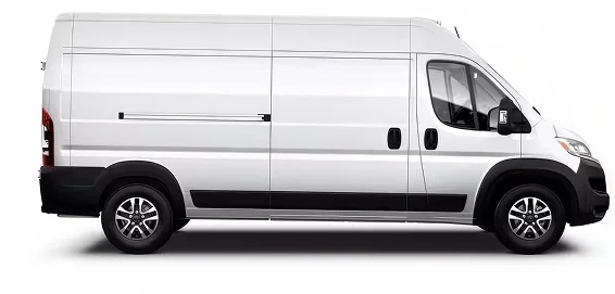 White RAM ProMaster cargo van with a high roof shown in profile