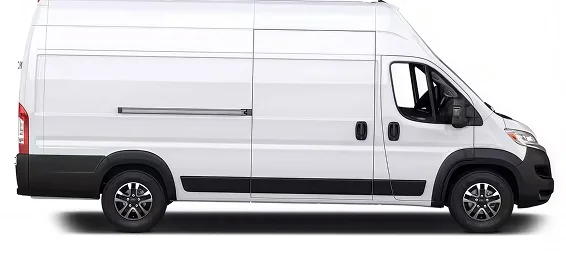 White RAM ProMaster cargo van with a super high roof shown in profile