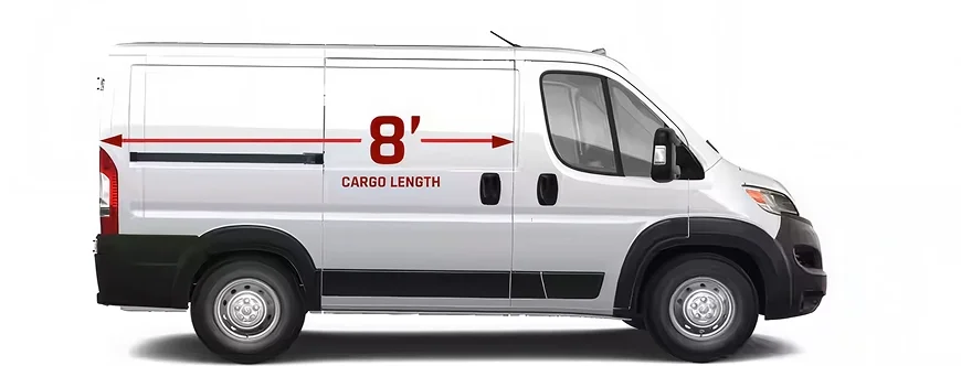 White RAM ProMaster standard roof cargo van shown in profile with an 8-foot cargo length arrow
