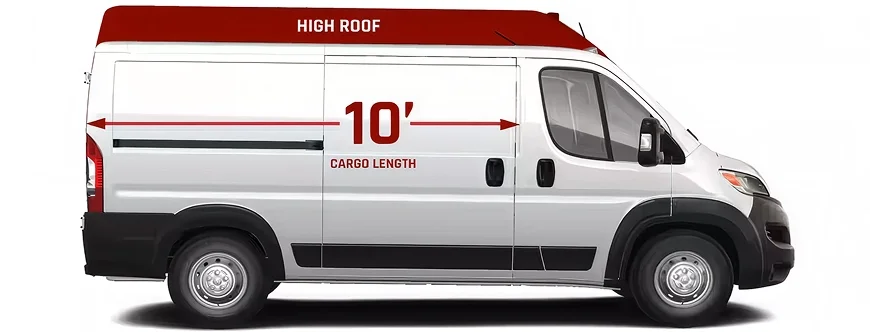 White RAM ProMaster standard/high roof cargo van shown in profile with a 10-foot cargo length arrow