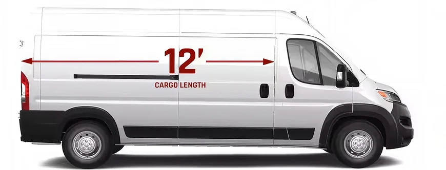 White RAM ProMaster high roof cargo van shown in profile with a 12-foot cargo length arrow