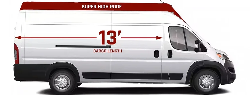 White RAM ProMaster high/super high roof cargo van shown in profile with a 13-foot cargo length arrow