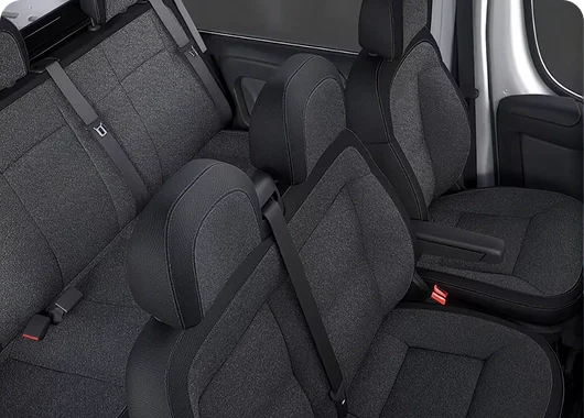 RAM ProMaster crew van cloth front passenger double bench seat viewed from the rear cargo area