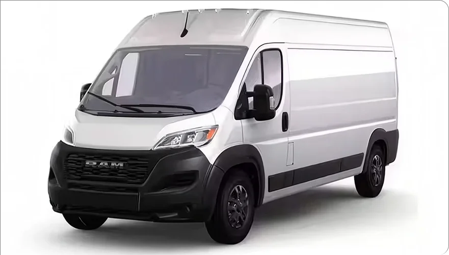 White RAM ProMaster cargo van with the Black Appearance Package shown in profile