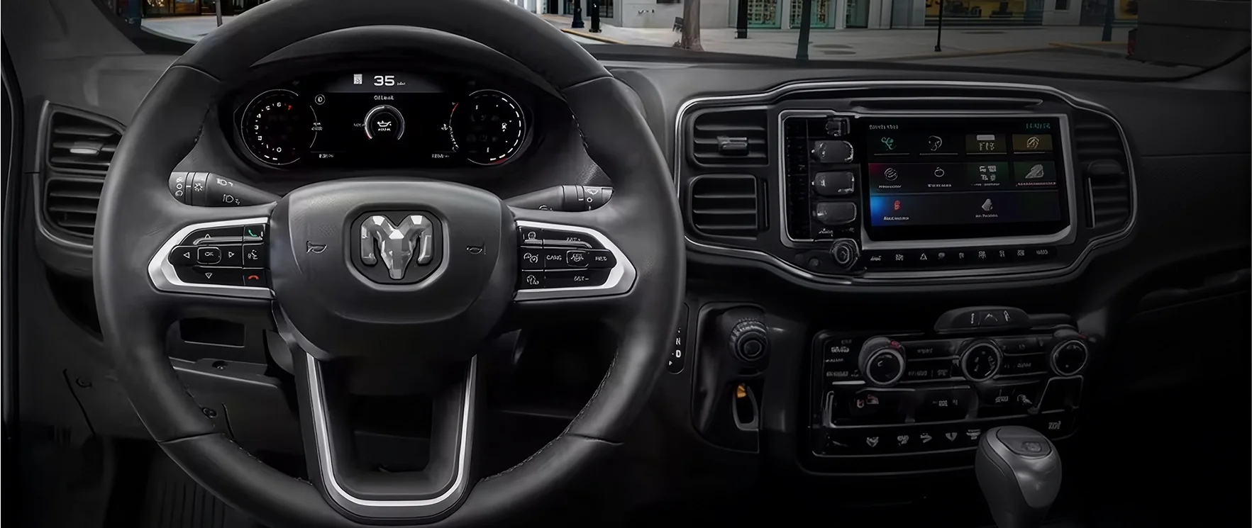 RAM steering wheel and digital instrument cluster showing a 35 mph speed readout