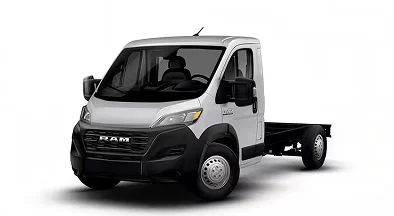 White RAM ProMaster 3500 Cutaway chassis with 136-inch wheelbase and 81-inch cab-to-axle length shown in profile on a white background