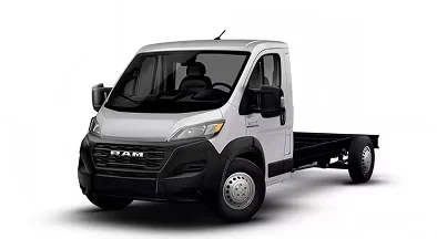 White RAM ProMaster 3500 Cutaway chassis with 159-inch wheelbase and 104-inch cab-to-axle length shown in profile on a white background