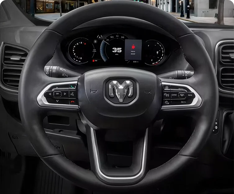 RAM steering wheel and instrument cluster with a red drowsiness alert icon displayed