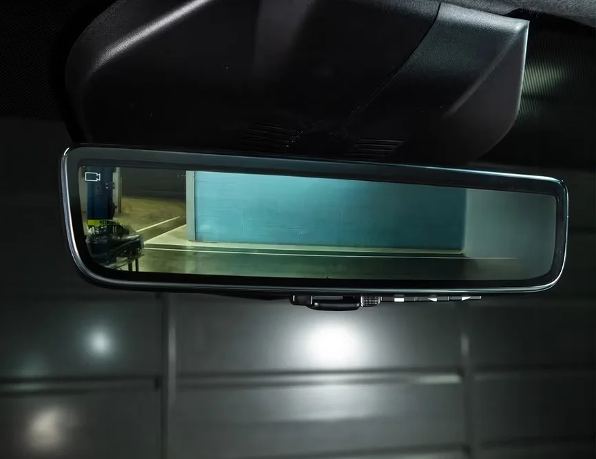 Digital dual view rearview mirror in a RAM ProMaster City showing a live video feed of the cargo area