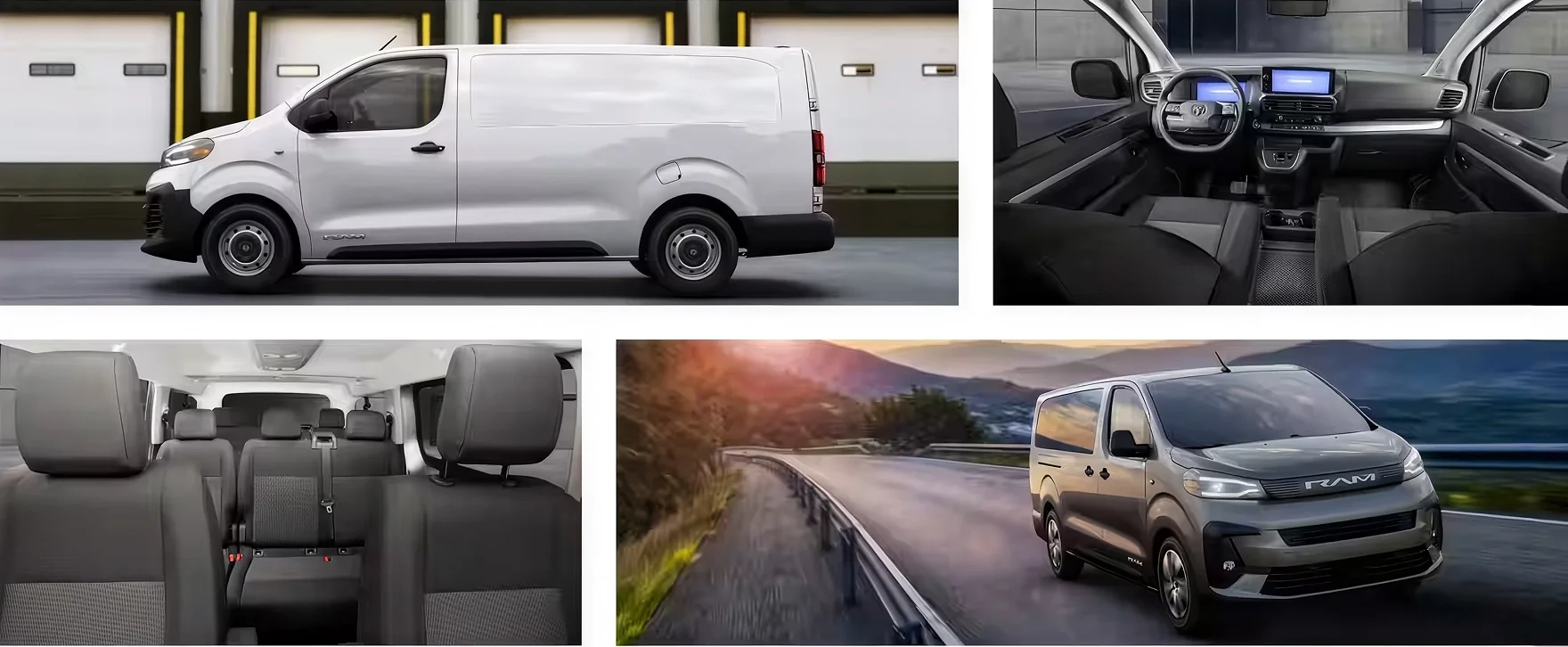 Four views of the RAM ProMaster City: white cargo van at a loading dock, the dashboard and touchscreen, the rear passenger seats, and a gray passenger van on a mountain highway