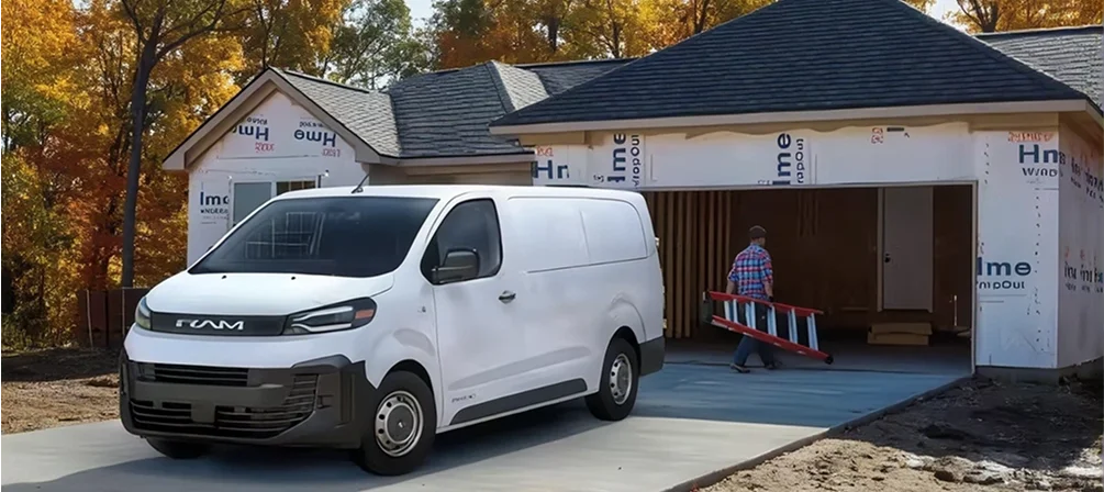 White RAM ProMaster City van parked at a house under construction while a worker carries a sawhorse inside