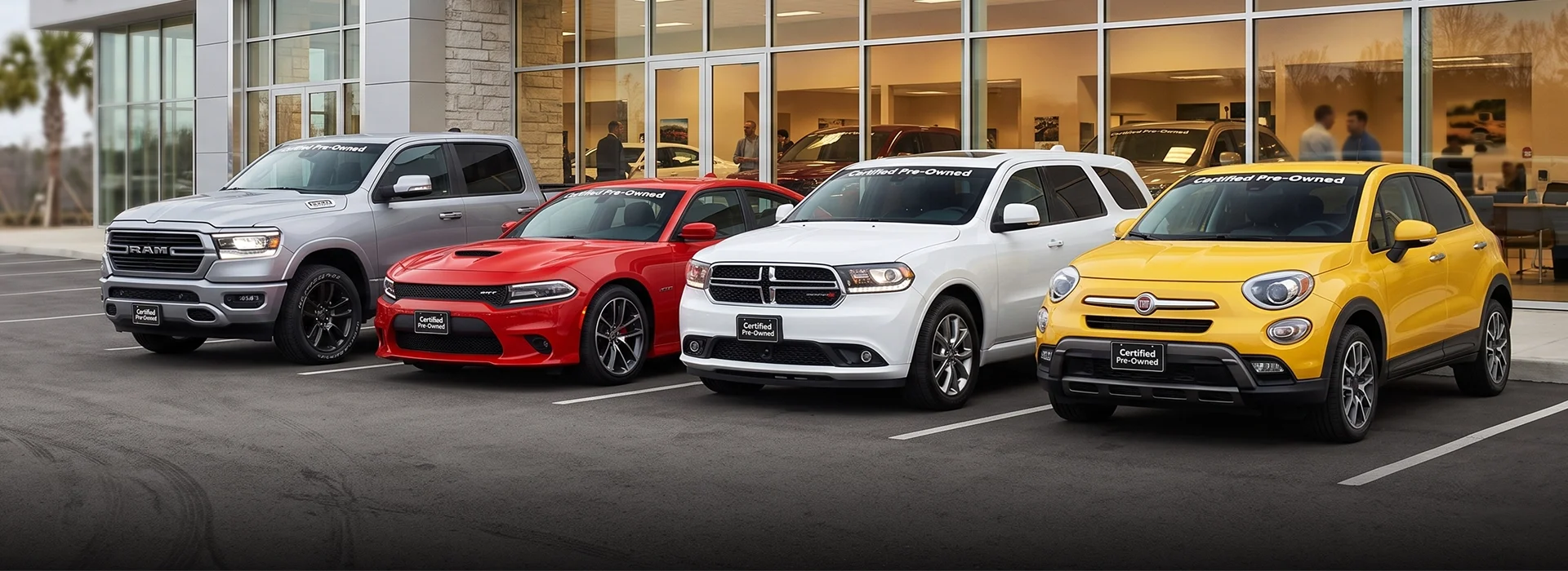 Certified Pre-Owned RAM 1500, Dodge Charger, Dodge Durango and FIAT 500X parked side by side outside the Briggs Dodge Ram FIAT showroom