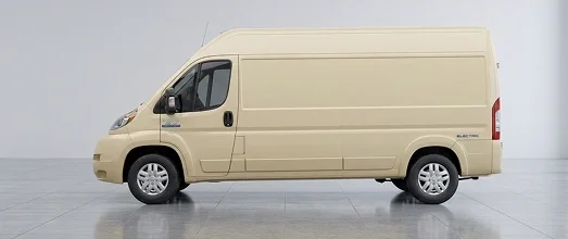 Beige RAM ProMaster high-roof cargo van shown in profile on a studio floor