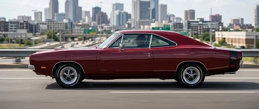 Dark red Dodge Charger coupe travelling past a city skyline