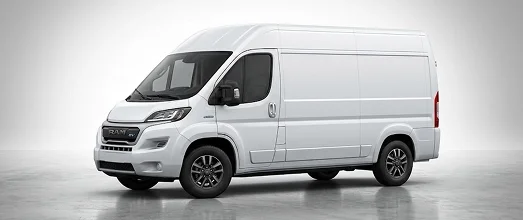 White RAM ProMaster EV high-roof cargo van shown in profile on a studio floor