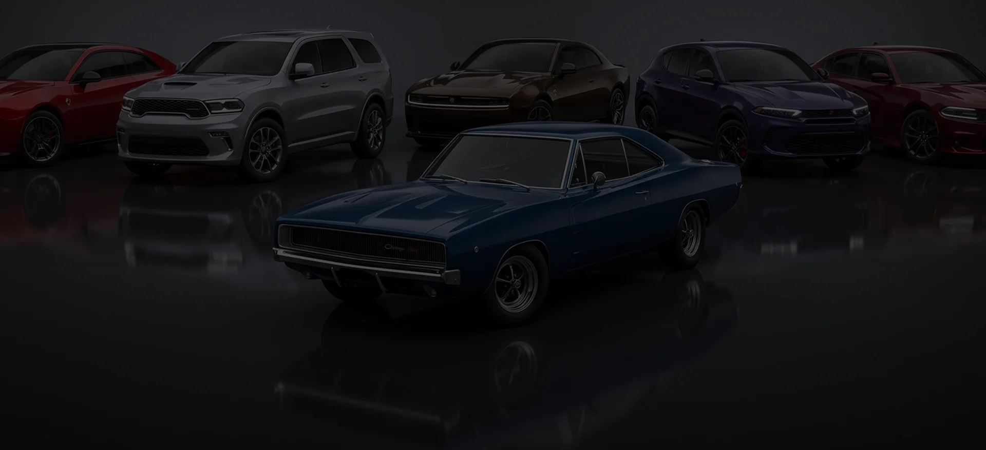 Row of Dodge Charger muscle cars lined up on a dark reflective floor