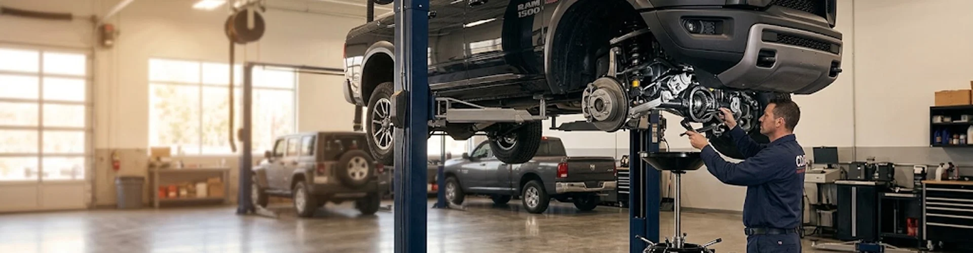 A Ram 1500 on a two-post lift in the Briggs Dodge Ram FIAT shop while a technician works beneath the front axle