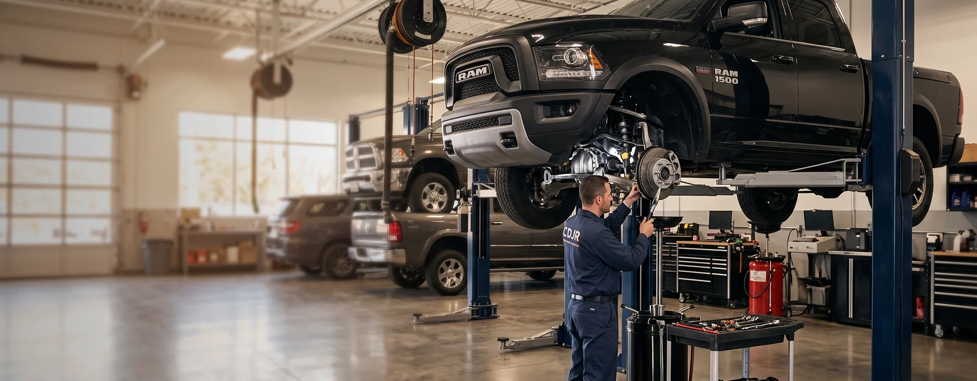 A black Ram 1500 raised on a two-post lift while a Briggs Dodge Ram FIAT technician works on its front differential from below