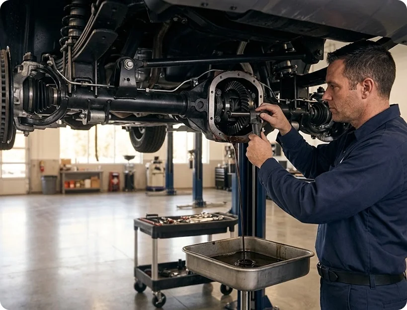 A Briggs Dodge Ram FIAT technician draining fluid from the front differential of a truck on a lift into a catch pan