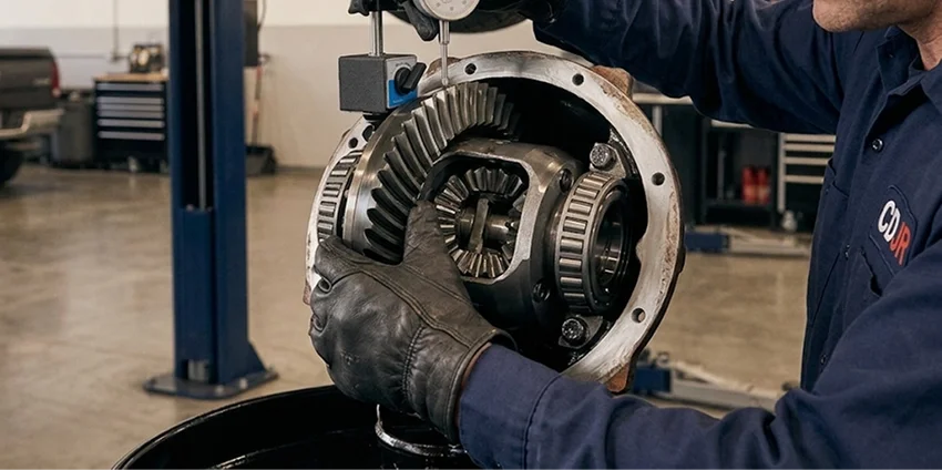 A technician measuring backlash on an opened differential carrier with a dial indicator, the ring and pinion gears exposed