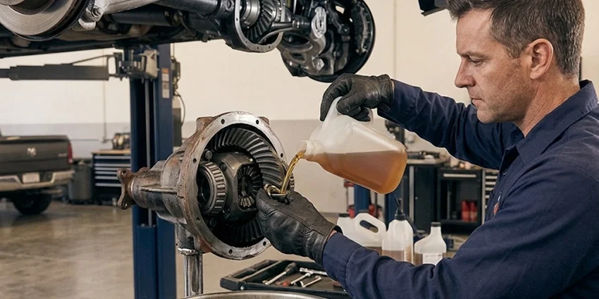 A technician pouring fresh gear oil into the open differential housing of a truck raised on a lift