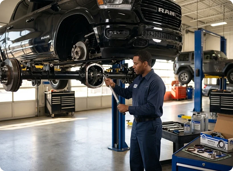 A Briggs Dodge Ram FIAT technician torquing the front differential of a black Ram on a lift, with Mopar drivetrain parts laid out on the bench beside him